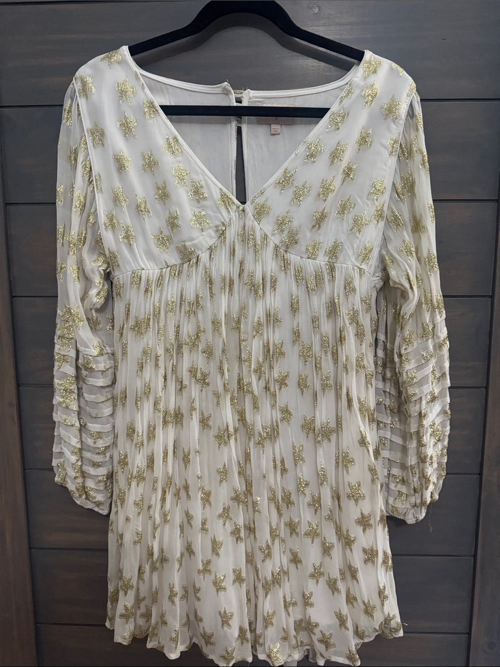 White and Gold Star-Embroidered V-Neck Dress